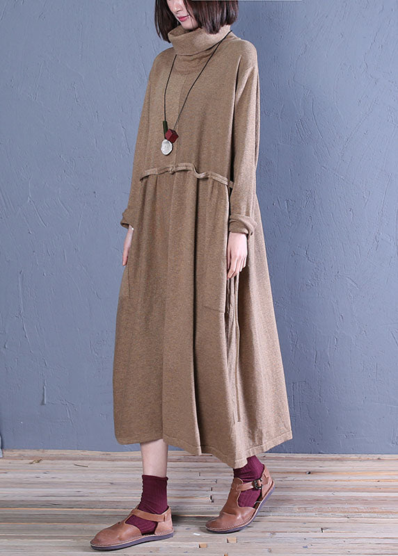 レディース ボヘミアン風 カーキ タートルネック パッチワーク ニットワンピース 春用