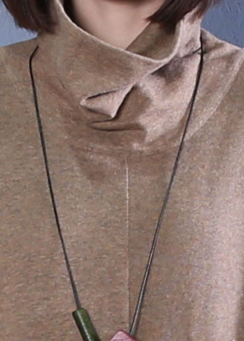 レディース ボヘミアン風 カーキ タートルネック パッチワーク ニットワンピース 春用