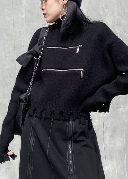 シック ブラック ジッパー付き タッセル付き ファッション 秋 セーター