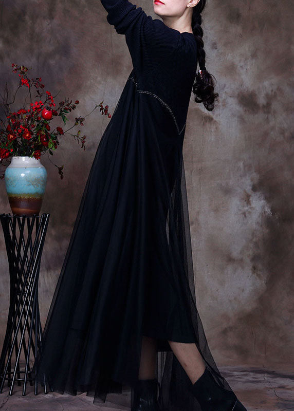 上品 ブラック ニット パッチワーク 秋 セーターワンピース