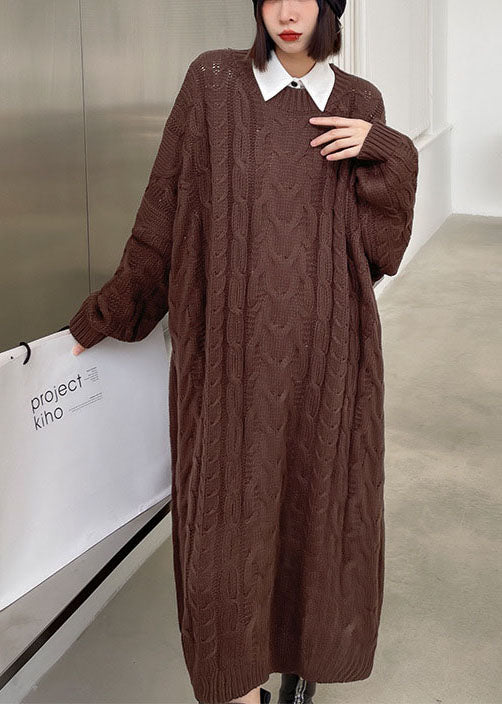 上品 コーヒーカラー Oネック ジャカード カジュアル 秋 セーターワンピース