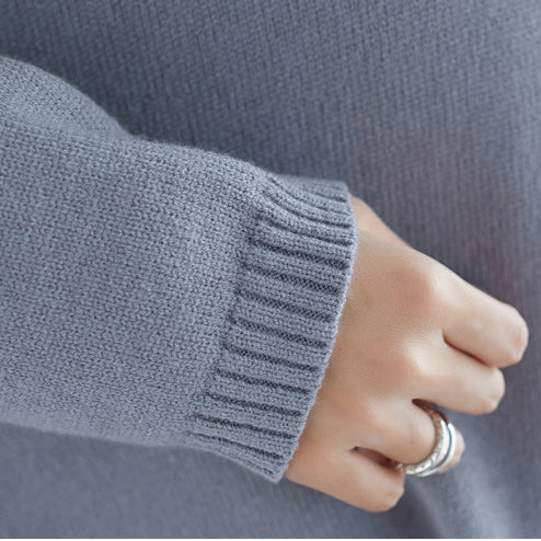 着心地の良い Oネック アシンメトリー ニットワンピース パープル ラルゴ丈 個性派