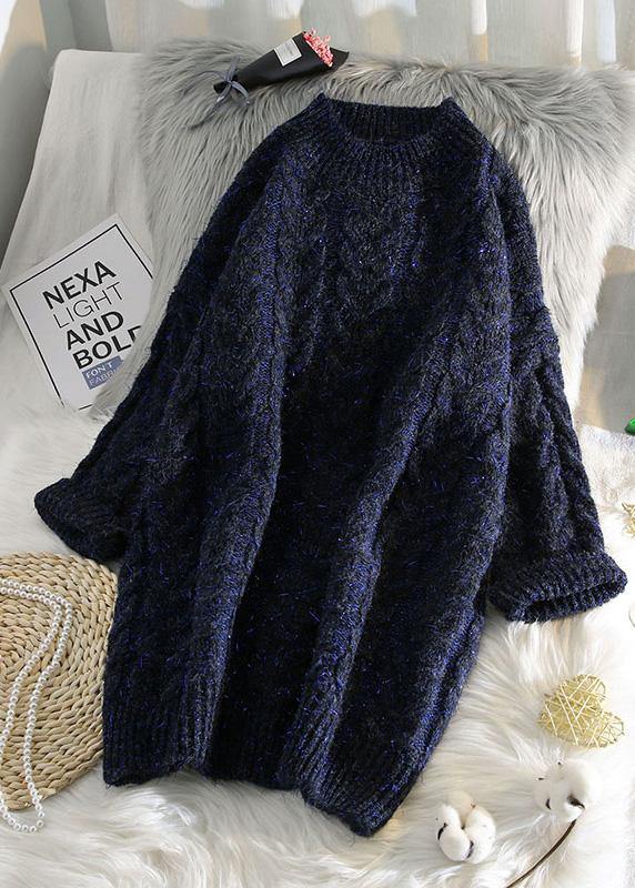 可愛い ブルー セーターワンピース ストリート系 厚手 Oネック ルーズ（バギー） ニットワンピース