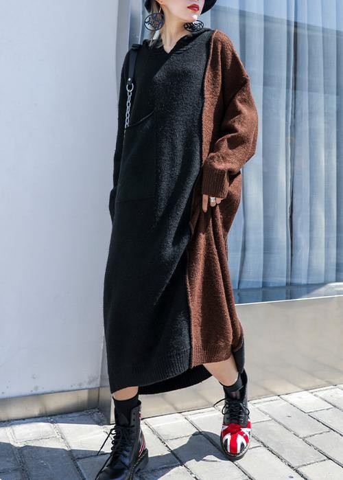 可愛い ブラウン パッチワーク セーター（ニット） レディース フード付き 冬用 ニットトップス