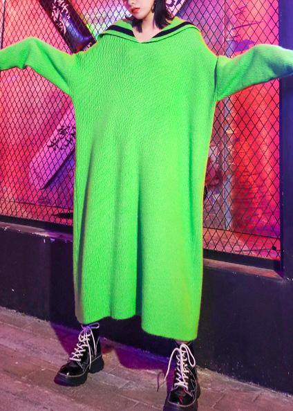 キュート グリーン ニットワンピース プラスサイズ対応 セーラーカラー アート風 冬用セータードレス