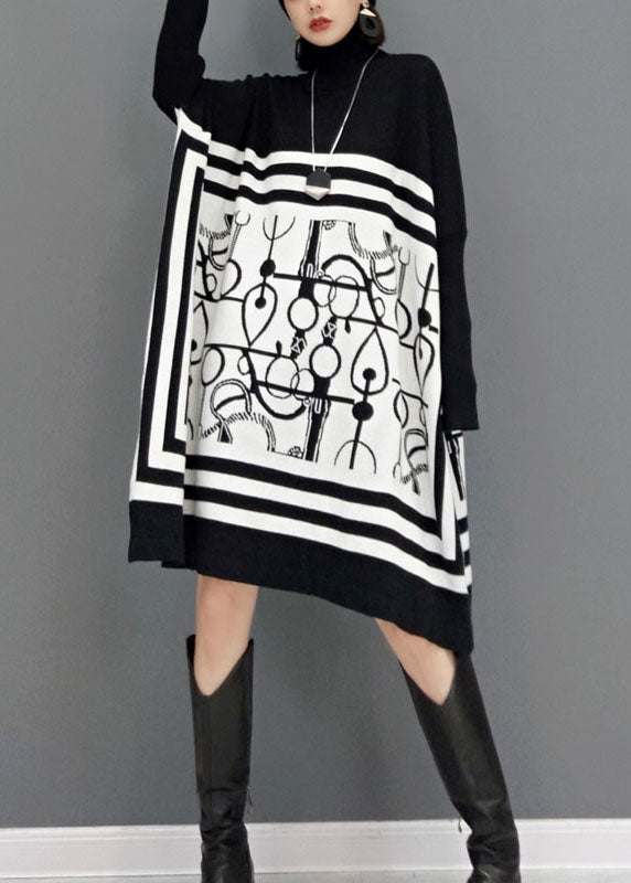DIY風 ホワイト タートルネック プリント柄 ニットロングワンピース 春