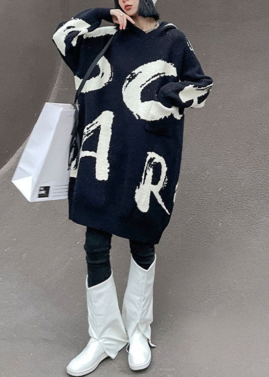 エレガント ブラック フード付き プリント柄 ニットセーターワンピース 春