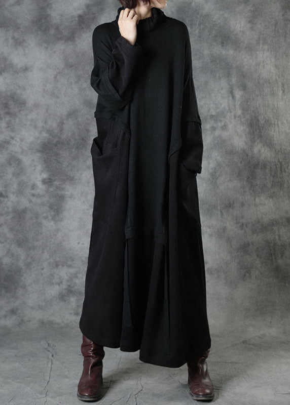 レディース ブラック タートルネック パッチワーク コーデュロイ風 秋用 ロング ニットセーター