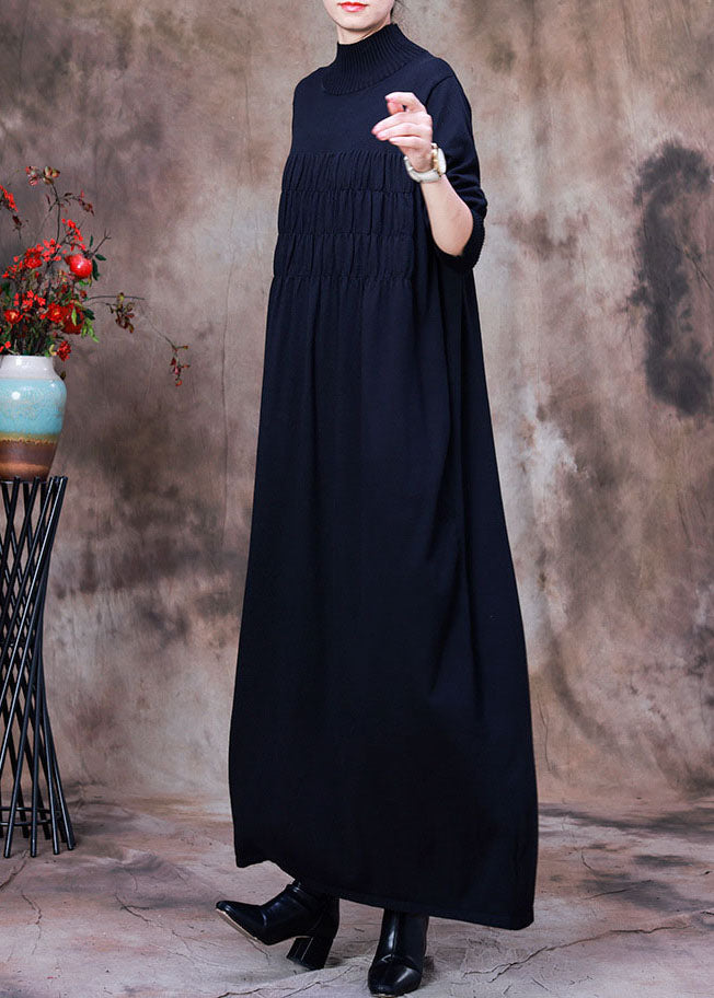 フィット感 ブラック しわ加工 タートルネック ニットワンピース ホリデー 春