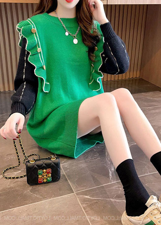 レディース グリーン フィットシルエット フリルプリント カシミヤ混 ロングニットワンピース 冬用