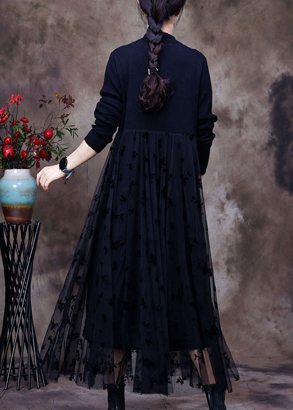 レディース ブラック スリムフィット Oネック レース パッチワーク ニットワンピース 春用（リゾート／旅行）