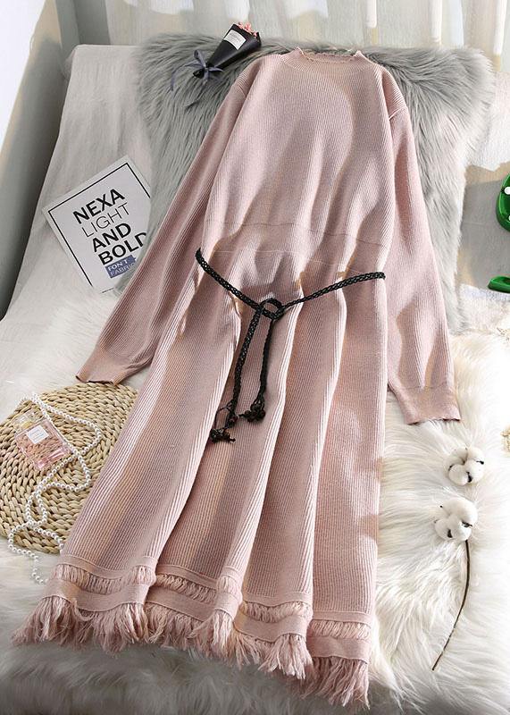 春用 タッセルデザイン セーターウェザー ファッション ベージュ ヒップスター ニットワンピース