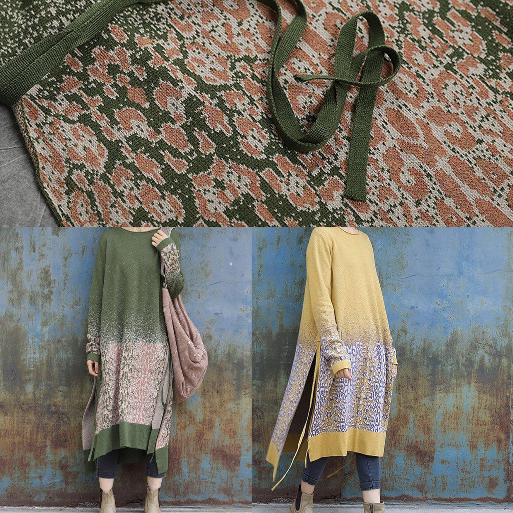 レディース 仕事用 サイドオープン（スリット） ニットワンピース Oネック 上品 イエロー ジャカード ヒップスター風 セーターワンピース