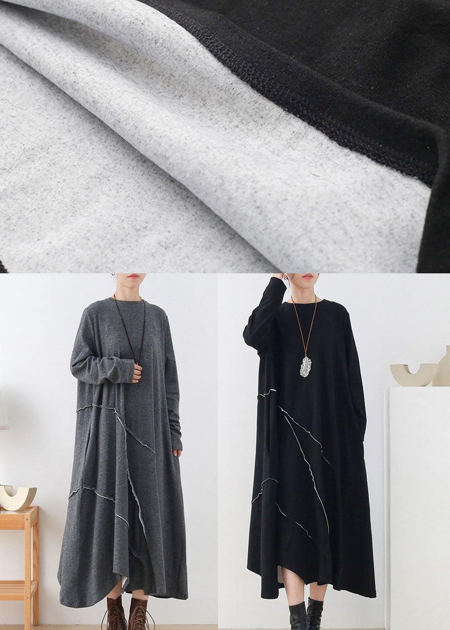 ハンドメイド グレー ゆったり アシンメトリーデザイン 秋 長袖 ホリデー ワンピース