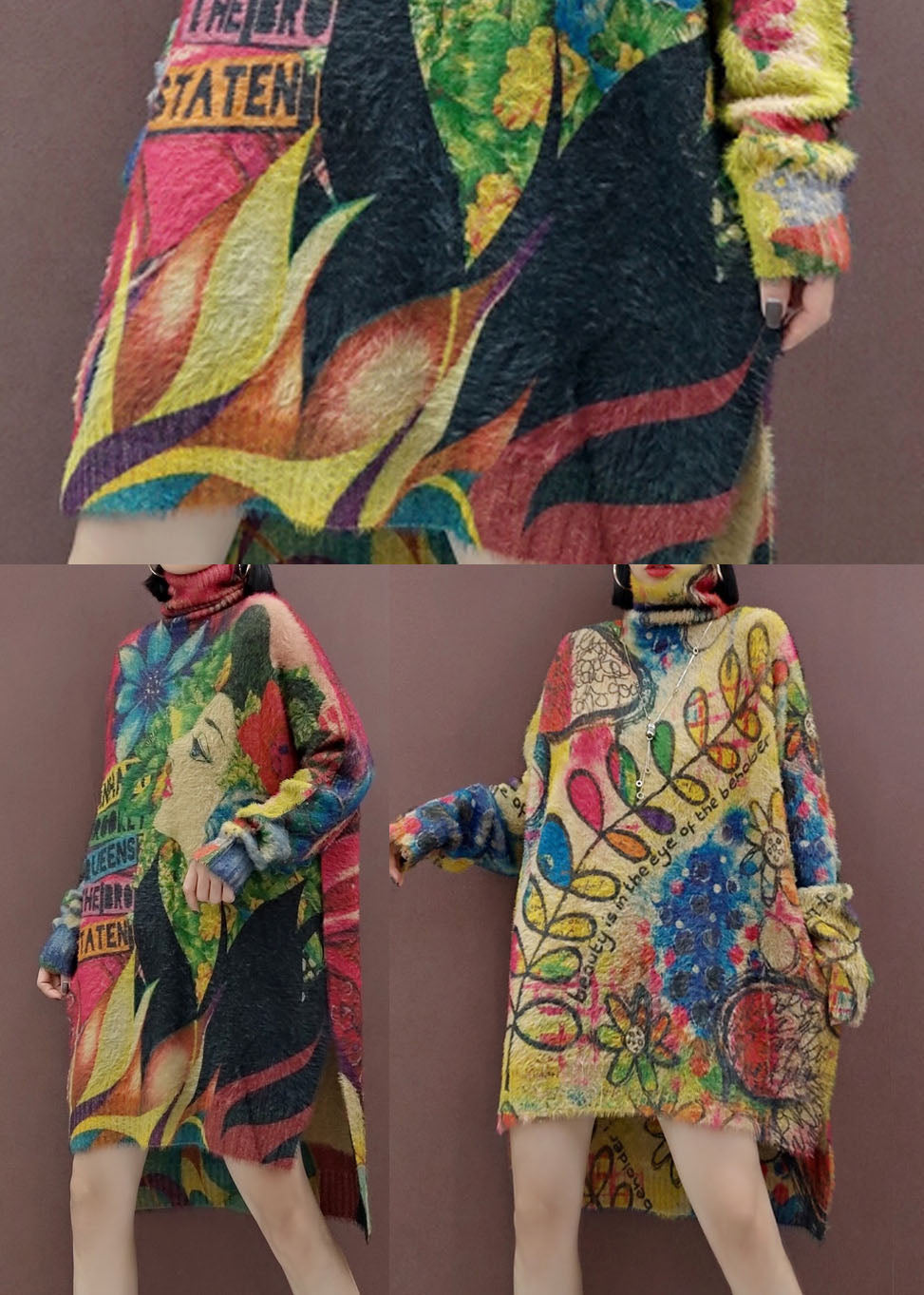 リーフ柄 ゆったり ニットワンピース サイドスリット 春