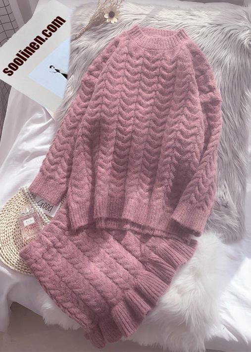 新作 秋冬 レトロ マホガニー×カーキ ニット レディース スーツ スカート 2点セット