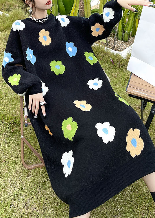 プラスサイズ ナチュラル ブラック 花柄 厚手 ニットワンピース 冬