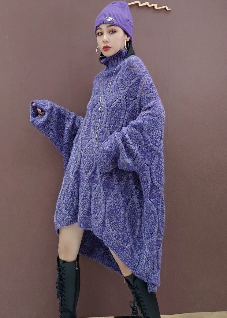 プラスサイズ パープル 前後差デザイン（ロー＆ハイ） ニットロングワンピース 春