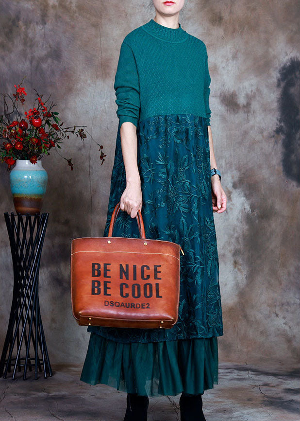 レディース ヴィンテージ風 ブルー スリムフィット レース パッチワーク ニットワンピース 秋用 ウールワンピース