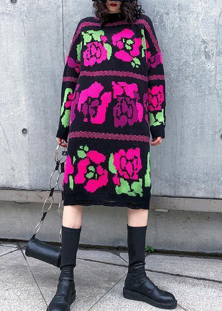 ヴィンテージ フラワー ニットワンピース スタンドカラー／ホールデザイン／バギーシルエット／ニットウェア