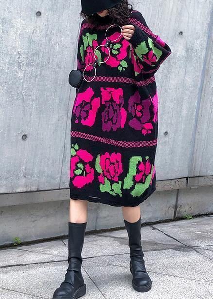 ヴィンテージ フラワー ニットワンピース スタンドカラー／ホールデザイン／バギーシルエット／ニットウェア