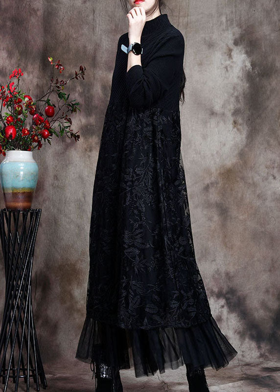 レディース ブラック ニット パッチワーク アシンメトリーデザイン 秋 ニットワンピース