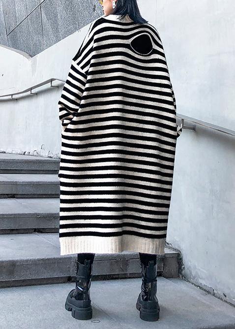 レディース ベージュ ボーダー柄 セーターワンピース デザイン Oネック 穴あき（ダメージ／透かし）DIY風 ニットワンピ