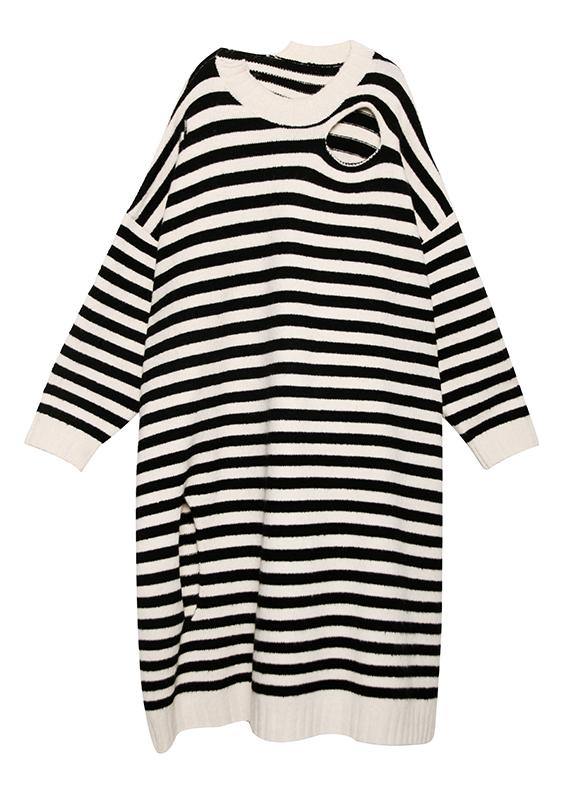 レディース ベージュ ボーダー柄 セーターワンピース デザイン Oネック 穴あき（ダメージ／透かし）DIY風 ニットワンピ