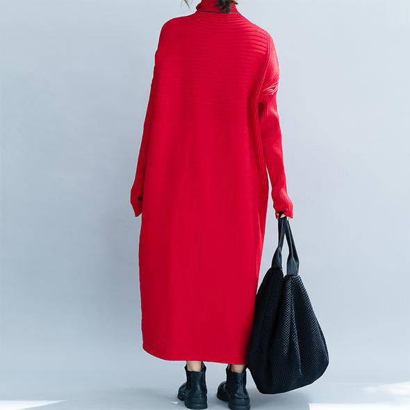 レディース カジュアル ゆったり ハイネック マキシ丈 ニットワンピース
