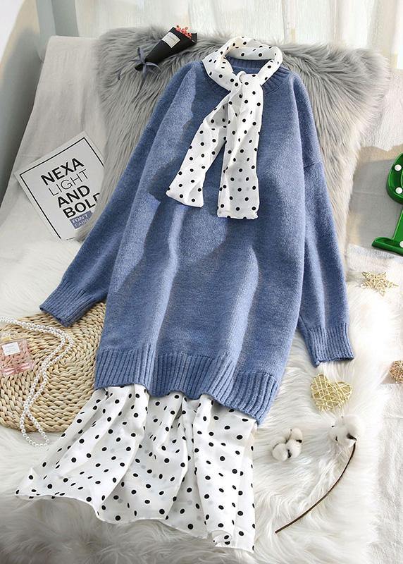 レディース Oネック パッチワーク ニットワンピース 大きいサイズ ブルー ふわふわ（ファジー） セーターワンピース