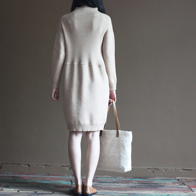 レディース ヌードカラー 冬用 カジュアル ラビットウール混 ニットワンピース ゆったり ヴィンテージ風 パッチワーク セーターワンピース