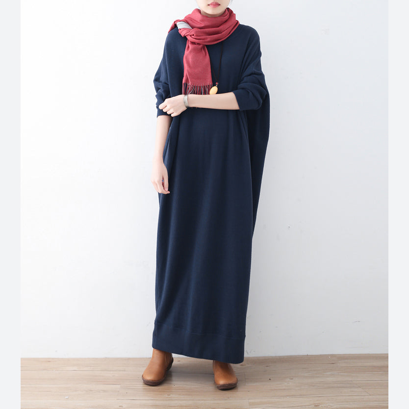 ヴィンテージ ブルー ニットワンピース 大きいサイズ 冬 ファイン バットウィングスリーブ ワンピース