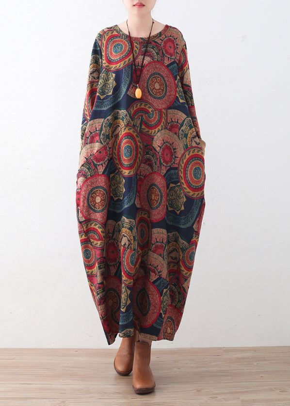 ヴィンテージ風 ブルー×レッド プリント セーターワンピース プラスサイズ レディース カジュアル Oネック 冬ワンピース