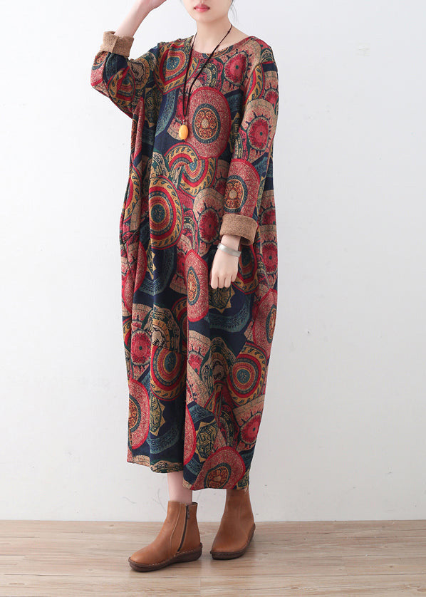 ヴィンテージ風 ブルー×レッド プリント セーターワンピース プラスサイズ レディース カジュアル Oネック 冬ワンピース